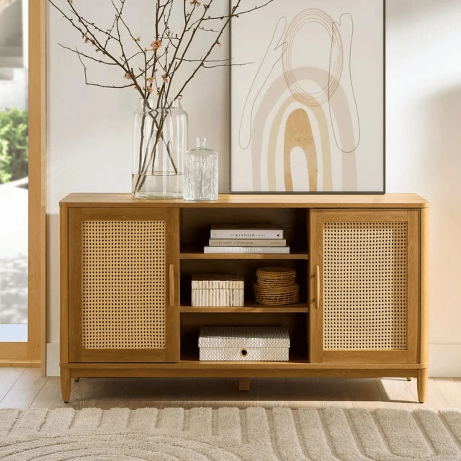 Better Homes & Gardens 434927 Springwood Cane TV Stand for TV's up to 65", Light Honey Finish