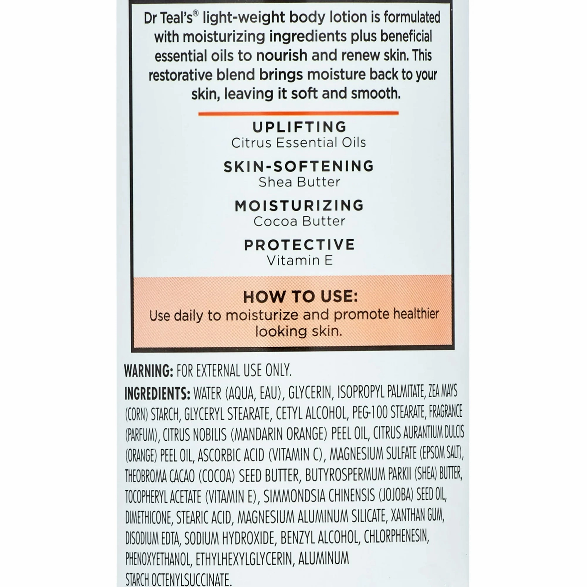 Dr Teal's Body Lotion. 24 Hour Moisture   Radiant with Vitamin C & Citrus Essential Oils. 18 fl oz.